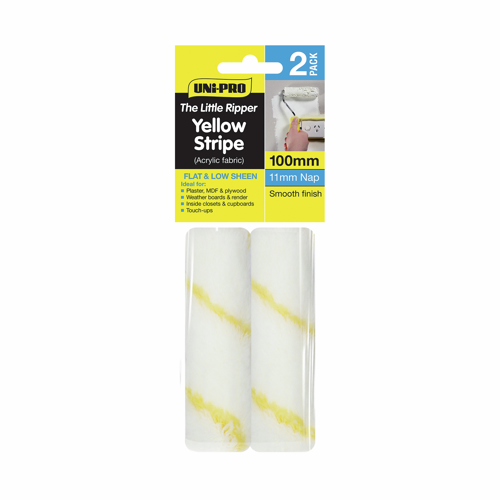 UNiPRO 100mm 11mm Nap Little Ripper Acrylic Yellow Stripe Mini Roller