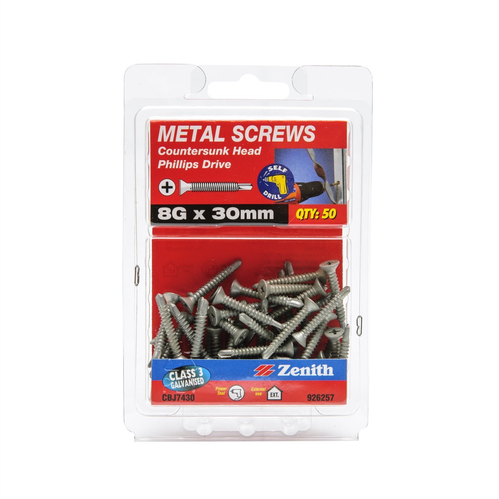 Zenith 8g x 30mm Galvanised Countersunk Head Metal Screws - 50 Pack ...