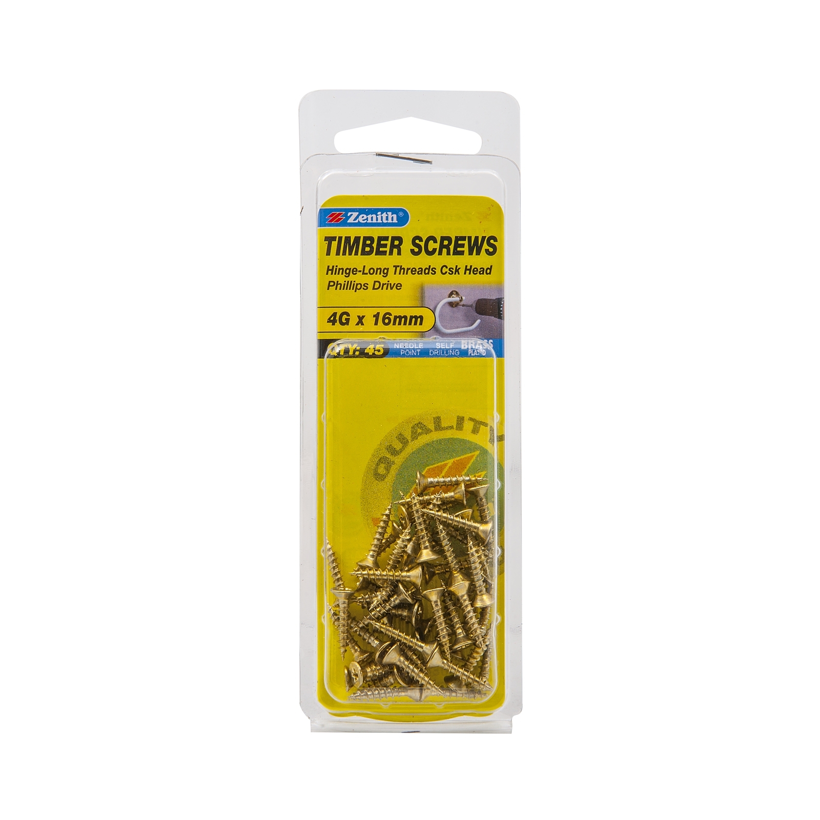 Zenith 4g x 15mm Brass Countersunk Long Thread Phillips Screws 45