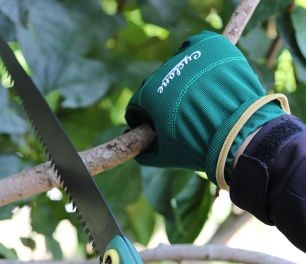 Person cutting tree limb with saw and gloved hand