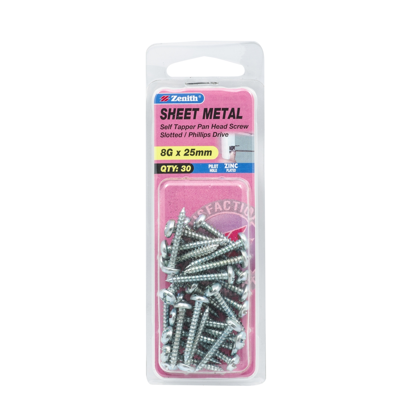 Zenith 8G x 25mm Zinc Plated Self Tapper Pan Head Sheet Metal Screws