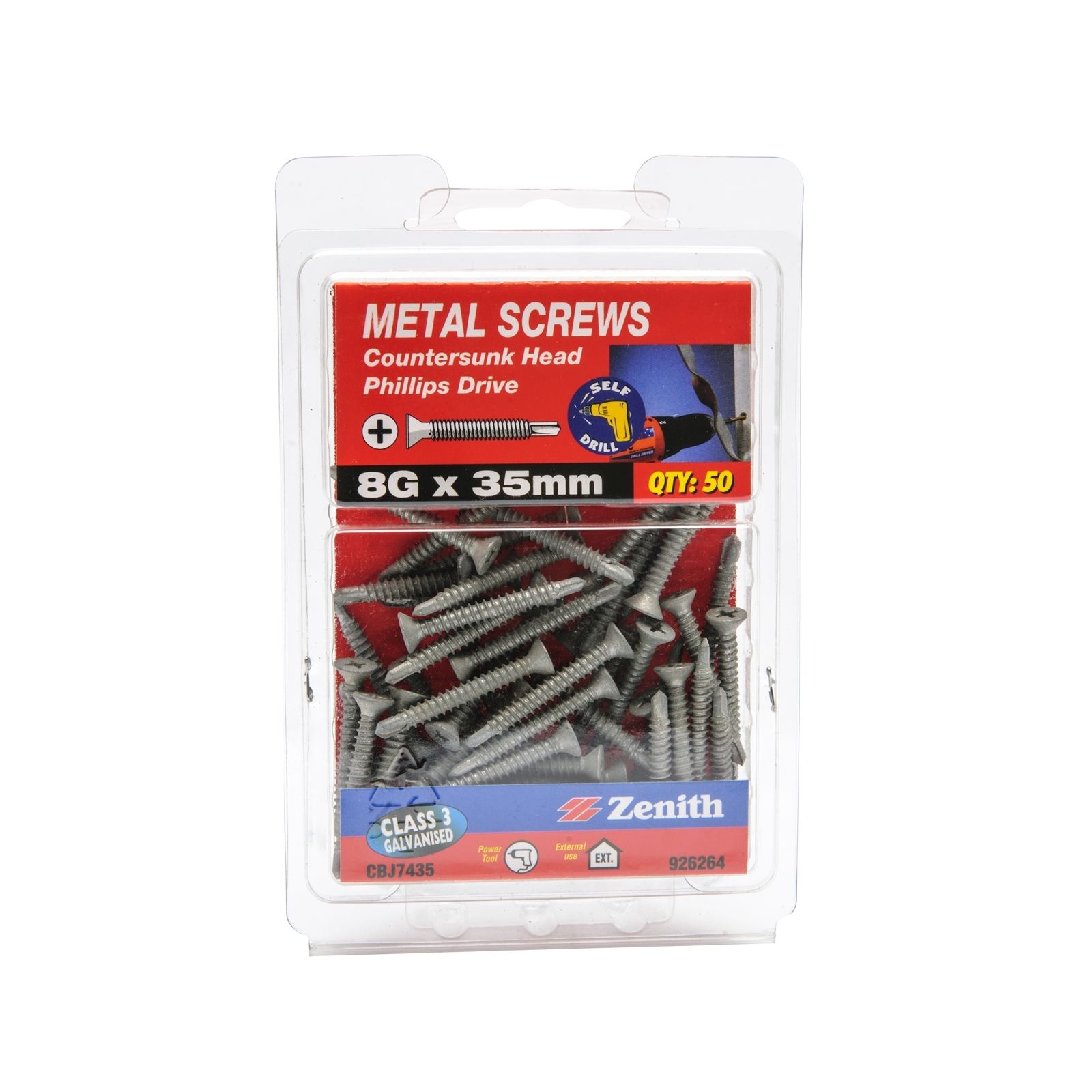 Zenith 8G x 35mm Galvanised Countersunk Head Metal Screws 50 Pack