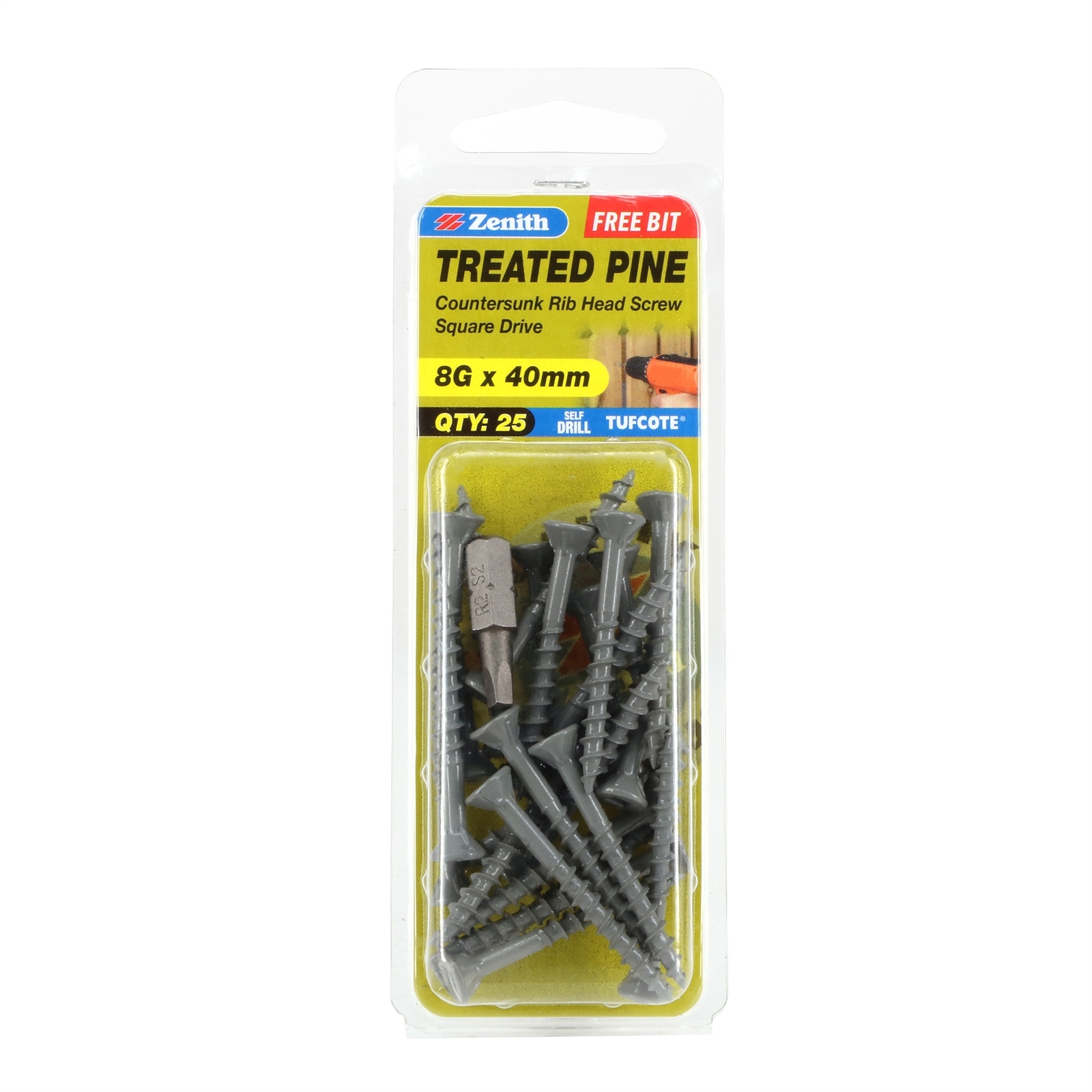 Zenith 8G x 40mm Tufcote® Countersunk Rib Head Treated Pine Screws 25