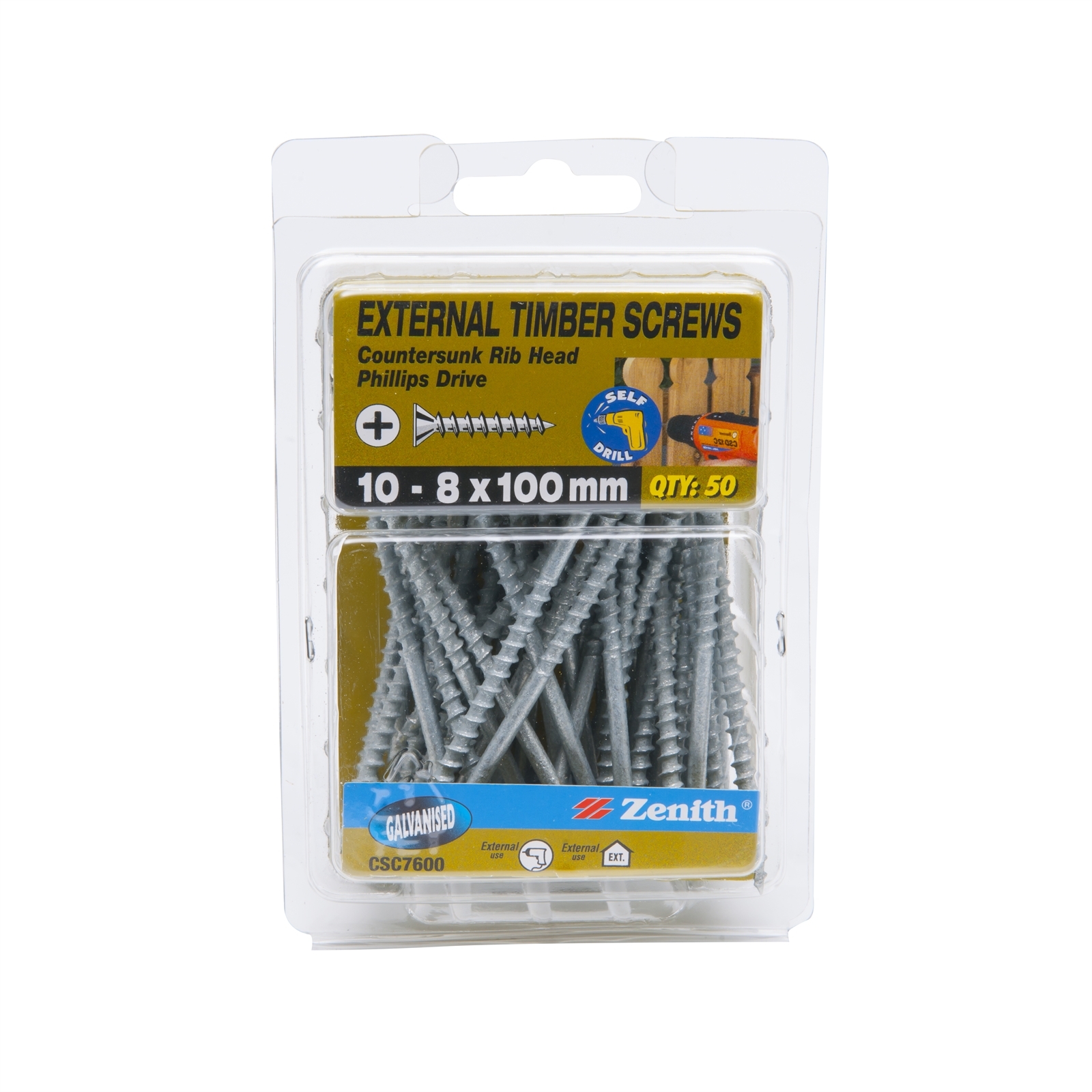 Zenith 10 - 8 x 100mm Galvanised Countersunk Rib Head Timber Screws ...