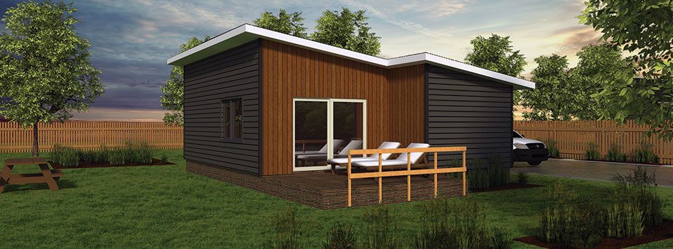Digital mockup of a black and wood finish house with deckchairs on a deck with a wooden safety rail