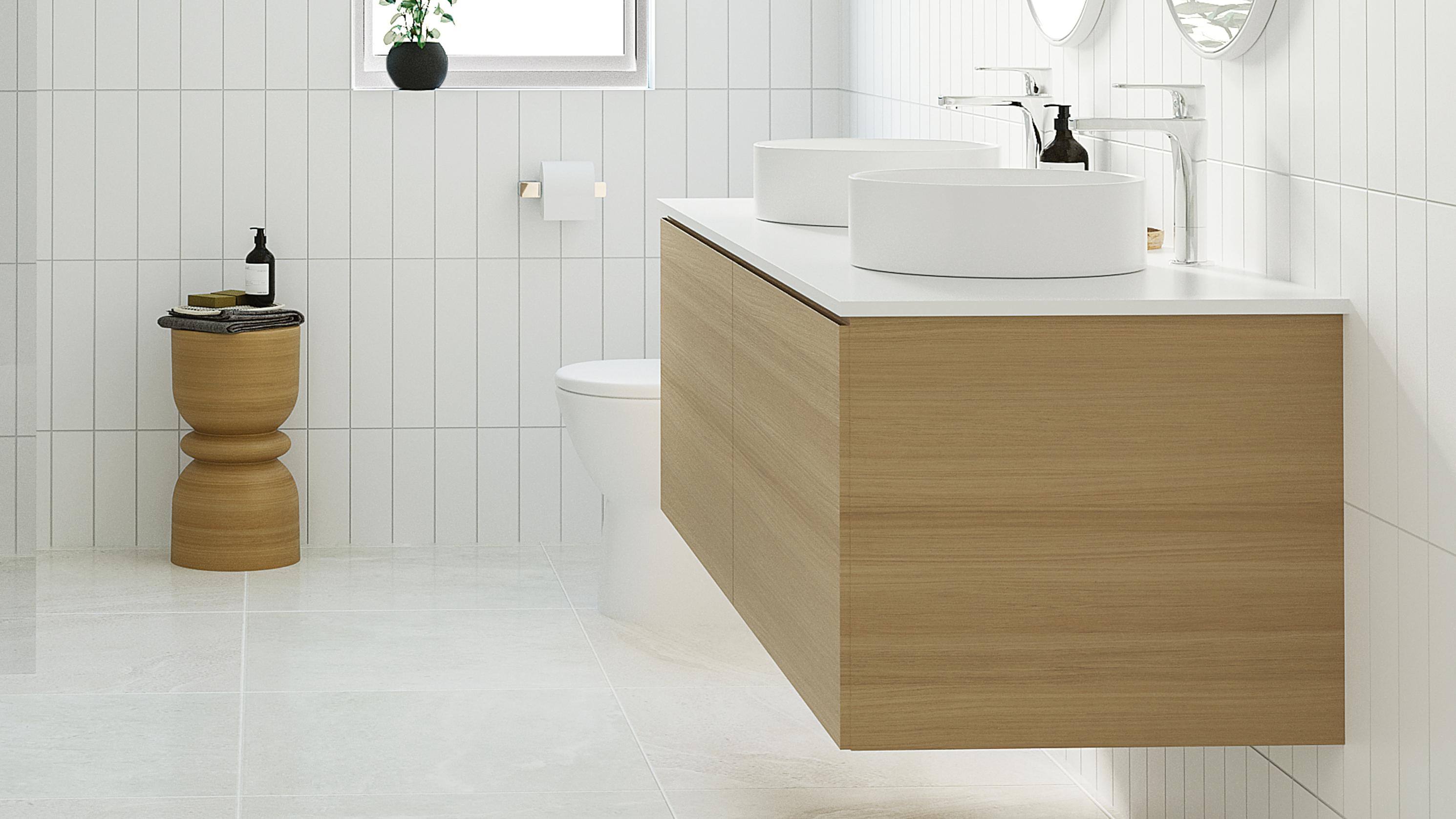 modern bathroom with white tiles, freestanding bath, timber vanity and double mirrors