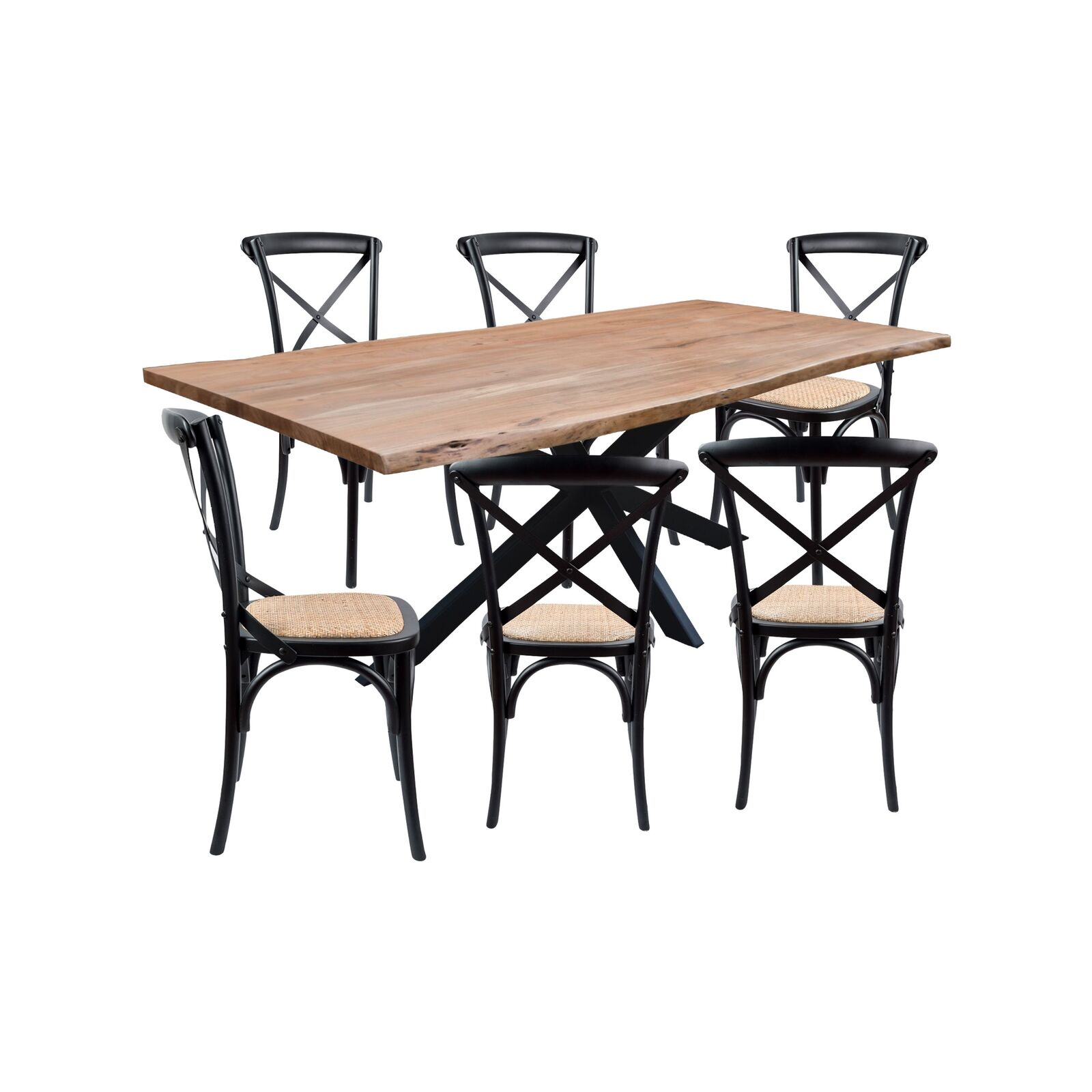 Lantana 7pc 210cm Dining Table 6 Black XBack Chair Set Live Edge
