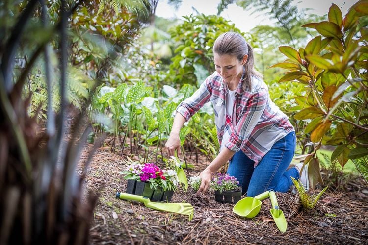 Woman using trowel to dig holes to plant flowers