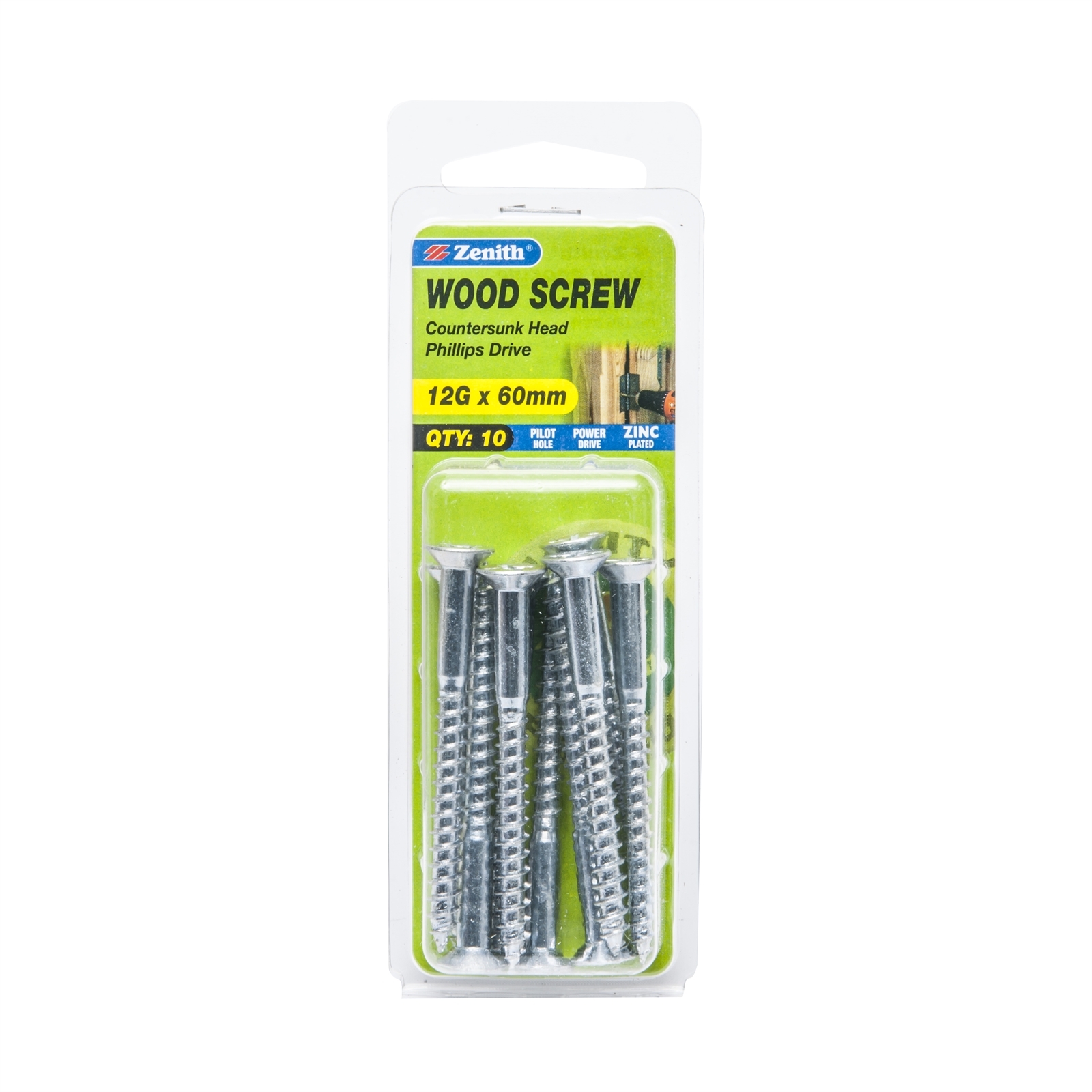 Zenith 12G x 60mm Zinc Plated Countersunk Head Wood Screws 10 Pack