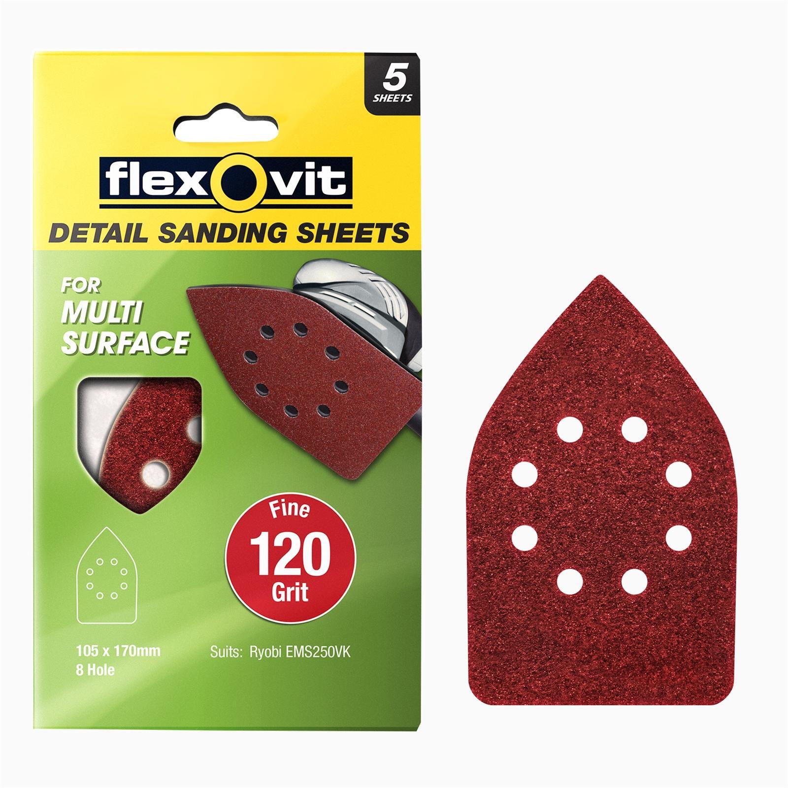 Flexovit 105 x 170mm 120 Grit 8 Hole All Surface Detail Sanding Sheet 5 Pack Bunnings Australia