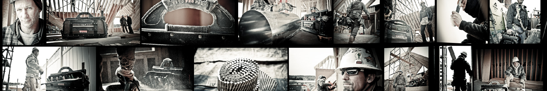 Grid of different images of tradesmen on site.