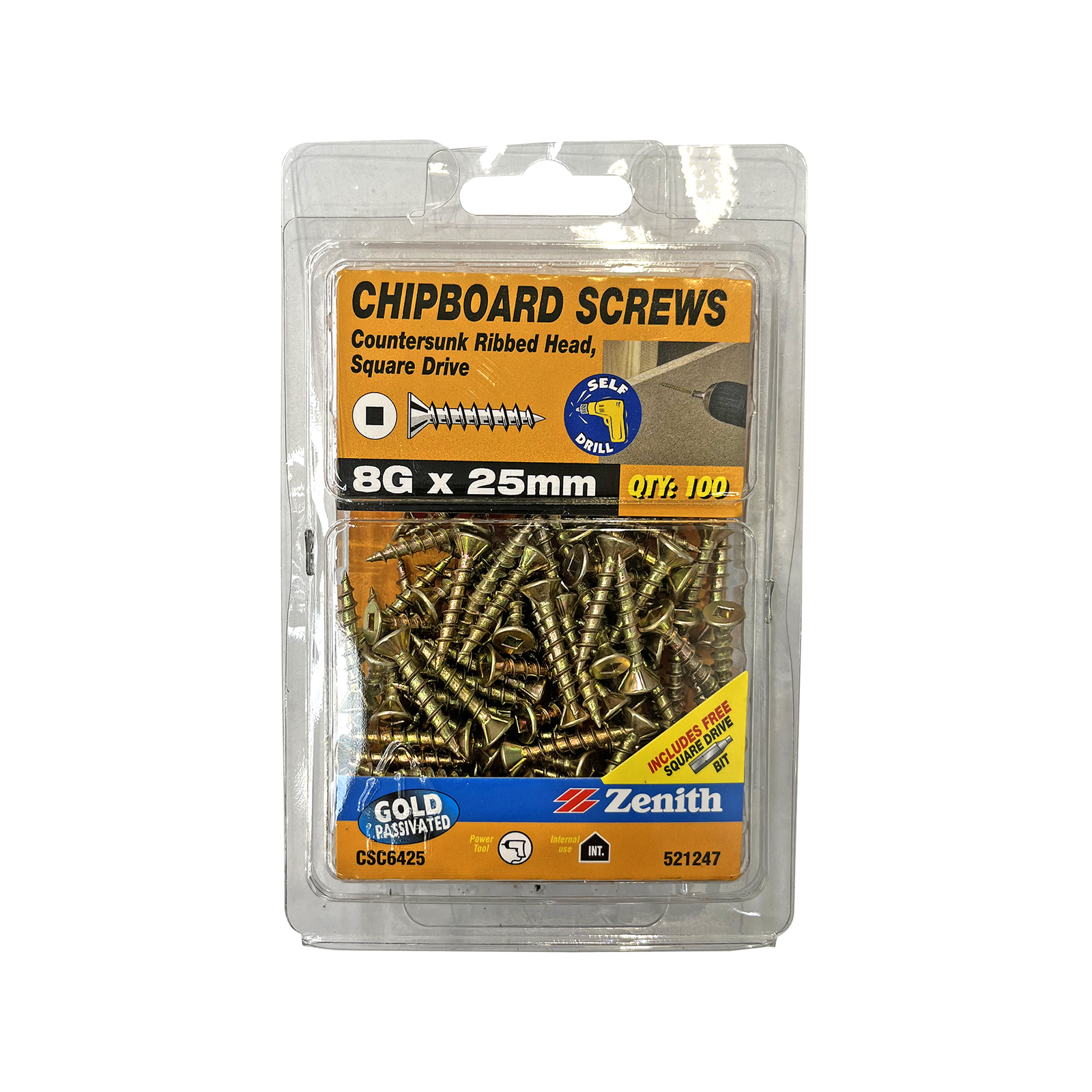 Zenith 8G x 25mm Gold Passivated Square Drive Chipboard Screw 100