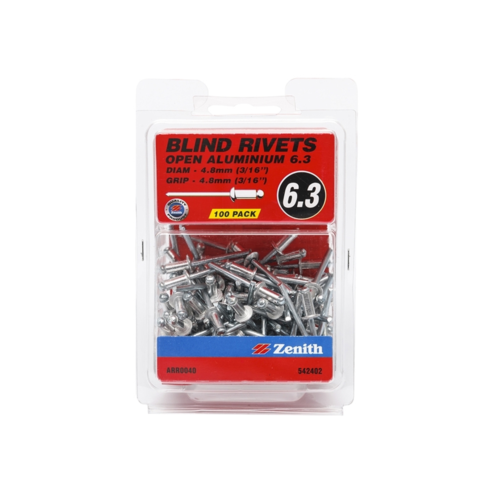 Zenith Blind Rivet Open Alum 3/16"D x 3/16"G 100pk Bunnings New Zealand