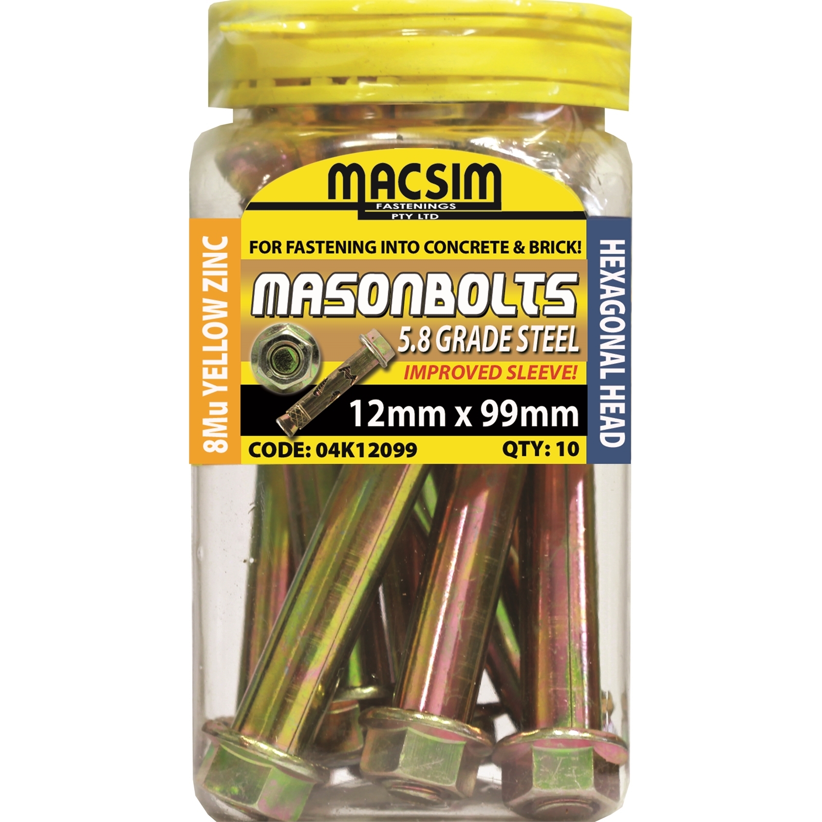 Macsim Fasteners 12 x 99mm Yellow Zinc Plated Sleeve Anchor 10 Pack