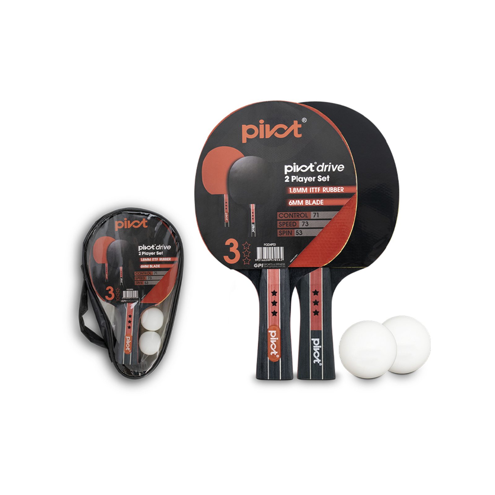 Pivot Drive 3 Star 2 Player Table Tennis Set w/ 2 Bats/2 Balls