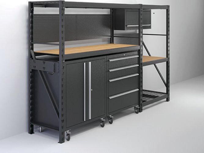 storage rack with multiple cabinets and racks
