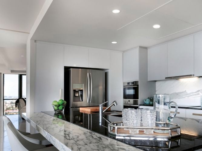 LED down lights over kitchen bench.