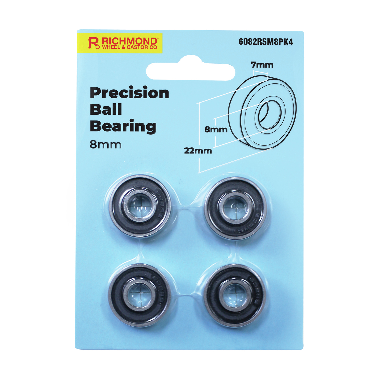 Richmond 22 x 8 x 7mm Rubber Sealed Precision Ball Bearing 4 Pack