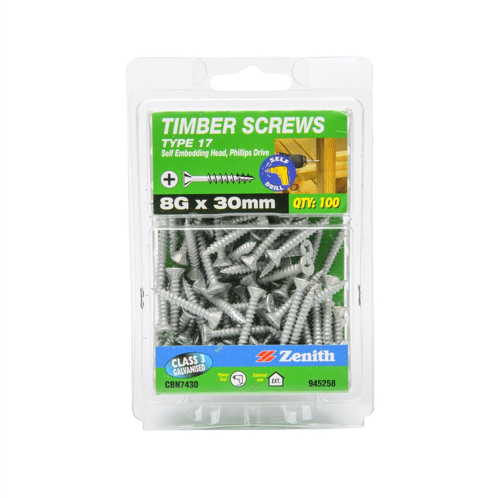 Zenith 8G x 30mm Galvanised Type 17 Self Embedding Head Timber Screws ...