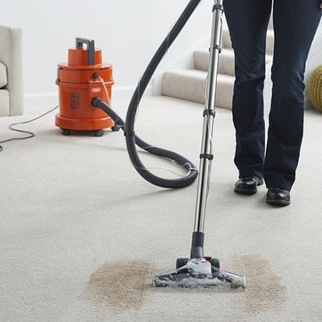A person vacuuming a clean line through a patch of loose soil on a pale carpet