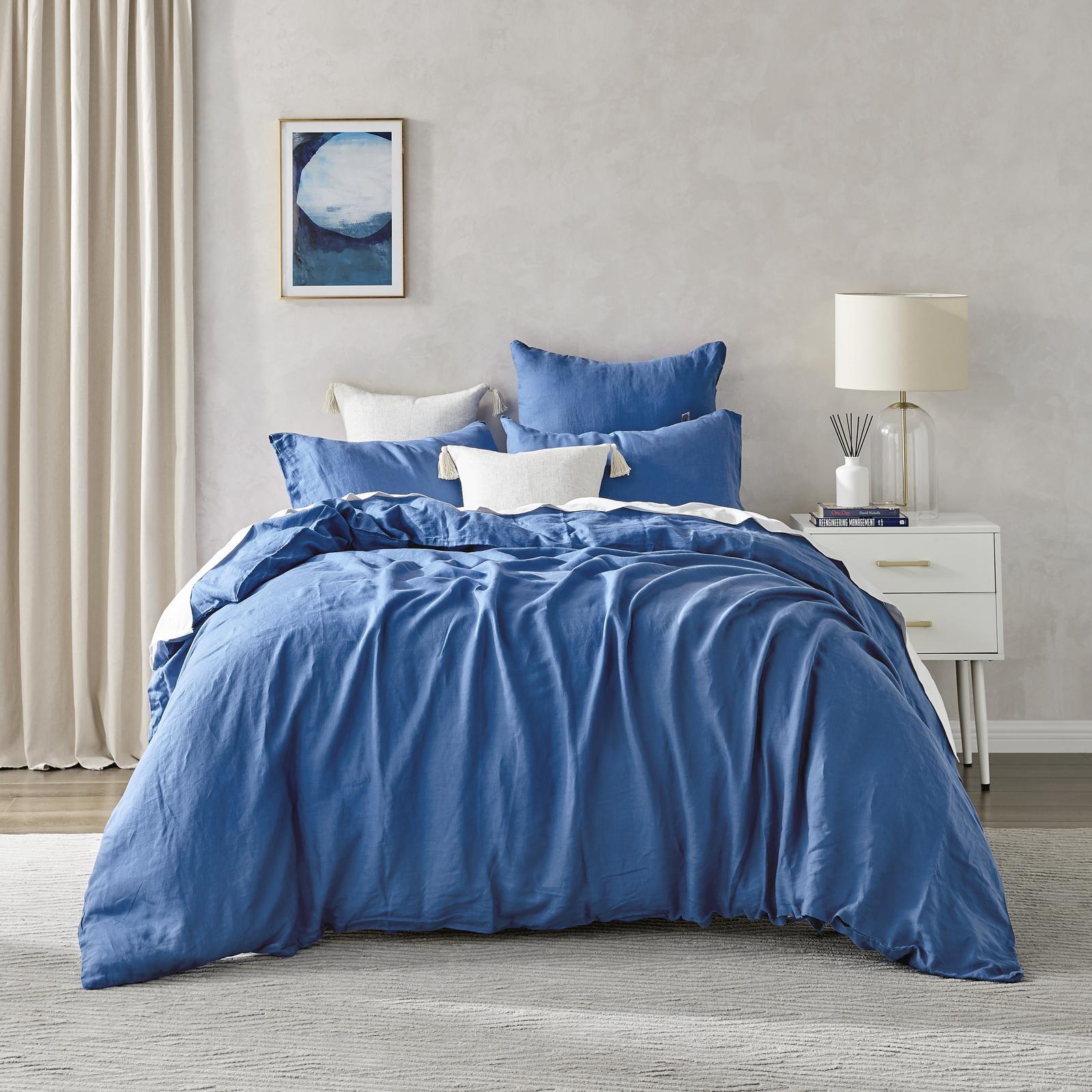 Natural Home Flax Linen Quilt Cover Set Deep Blue Super King Bed