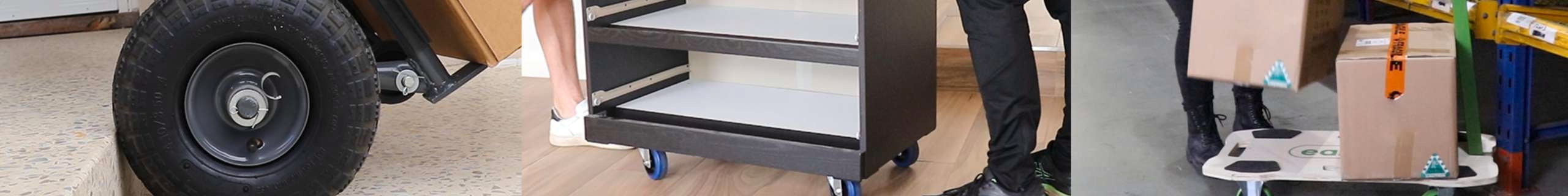 Three different types of trolleys being used for movement of boxes.