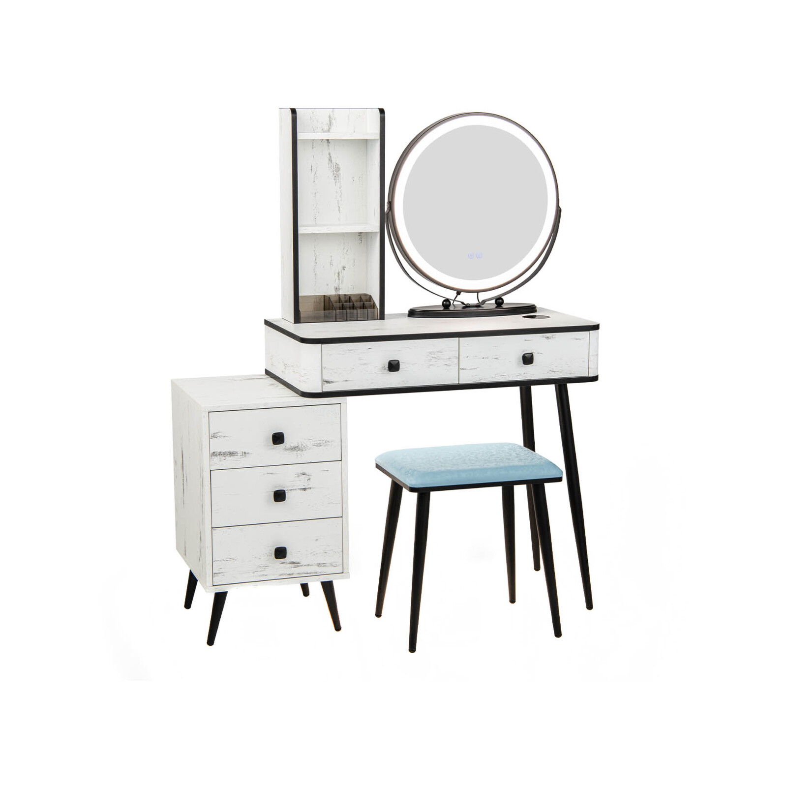 Costway Vanity Table Stool Set Wood w/Makeup Mirror & Drawers White