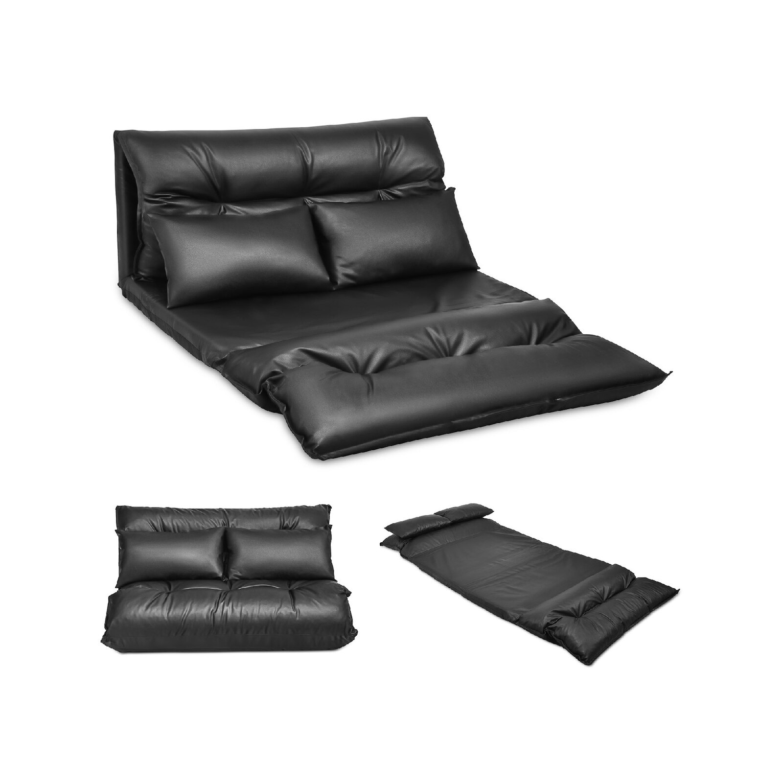 Costway Floor Sofa Lounge PU Leather w/2 Pillows, Black Bunnings