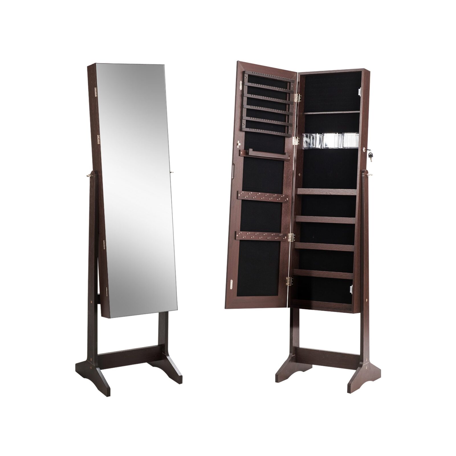 Costway Mirror Jewellery Cabinet Lockable JewelryStorage Box Brown ...