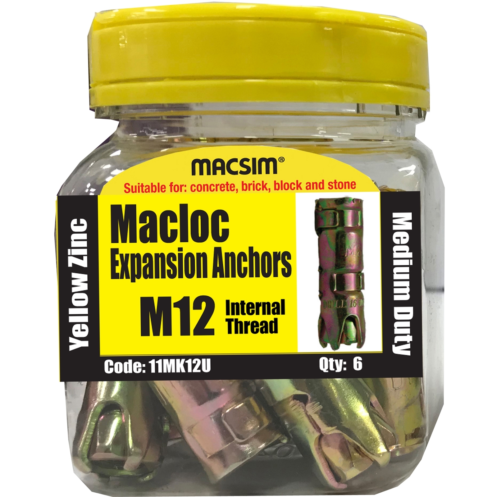Macsim M12 Yellow Zinc Medium Duty Macloc Expansion Anchors 6 Pack