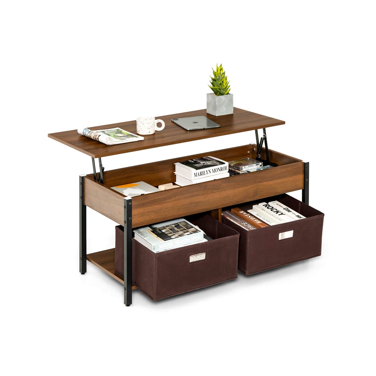 Costway Lift Top Coffee Table Storage Shelf w/2 Drawers, Brown
