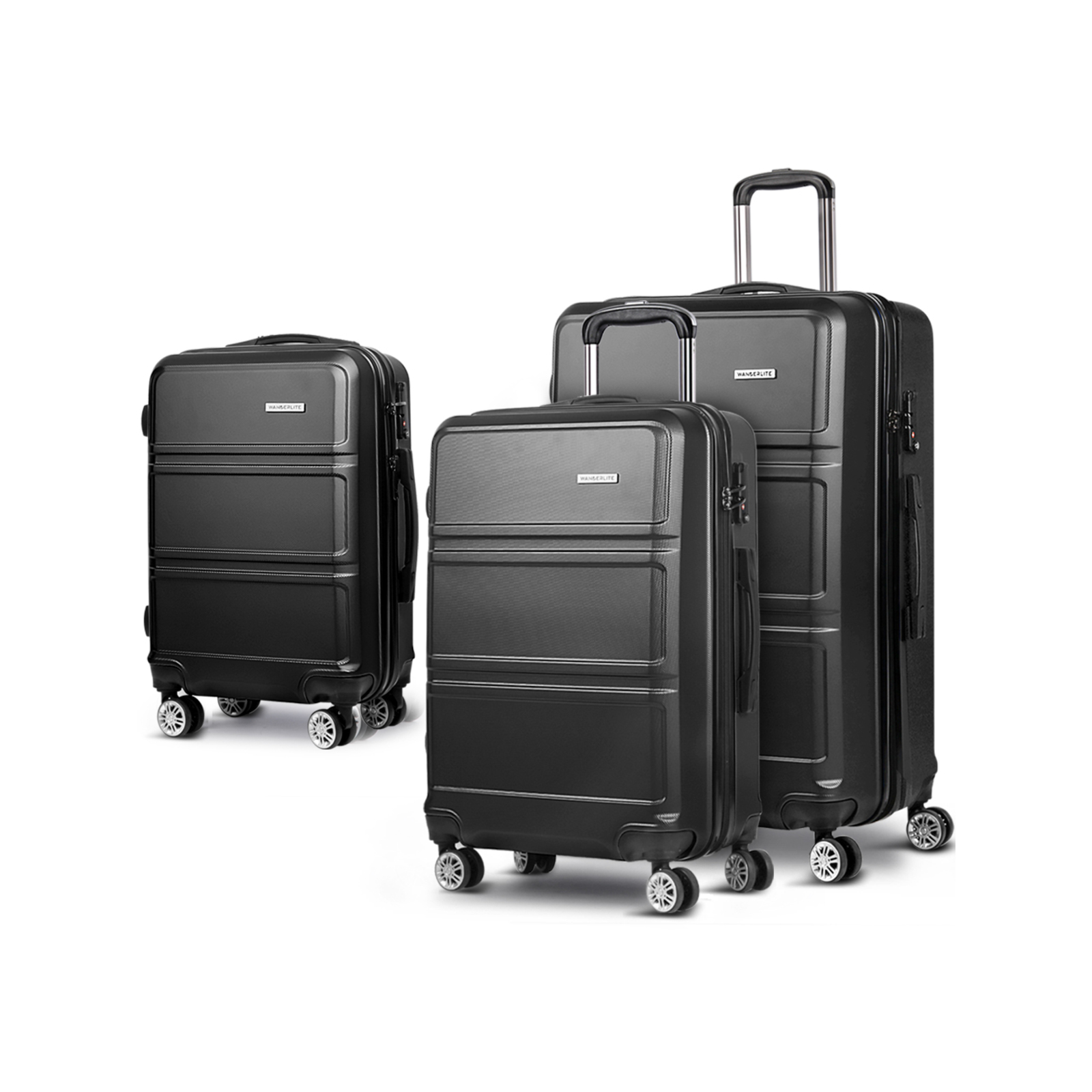 Wanderlite 3pc Luggage Trolley Set Suitcase Travel TSA Hard Case Black