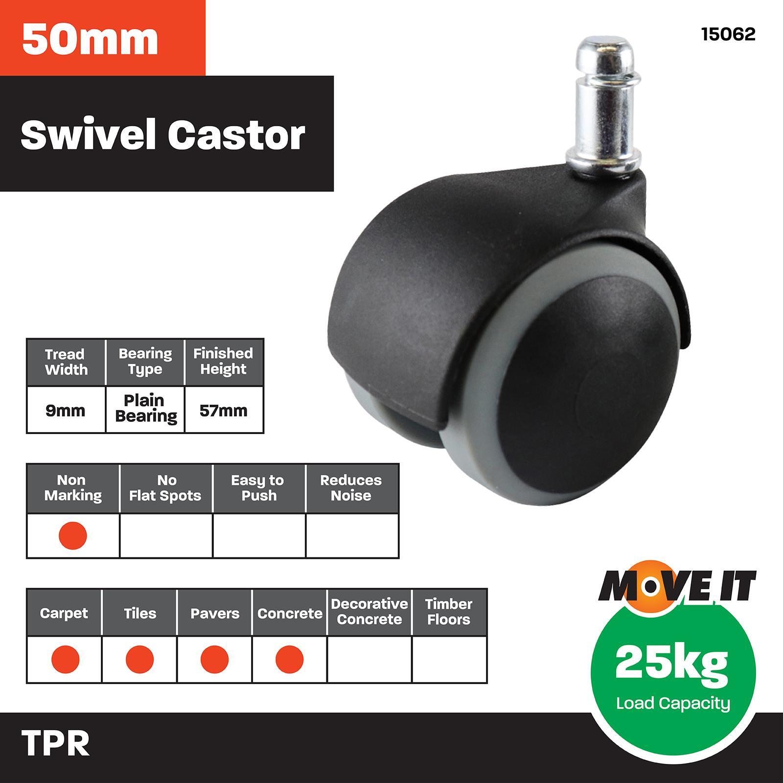 Moveit 50mm Hooded Grey Rubber Office Chair Castor 2 Pack Bunnings