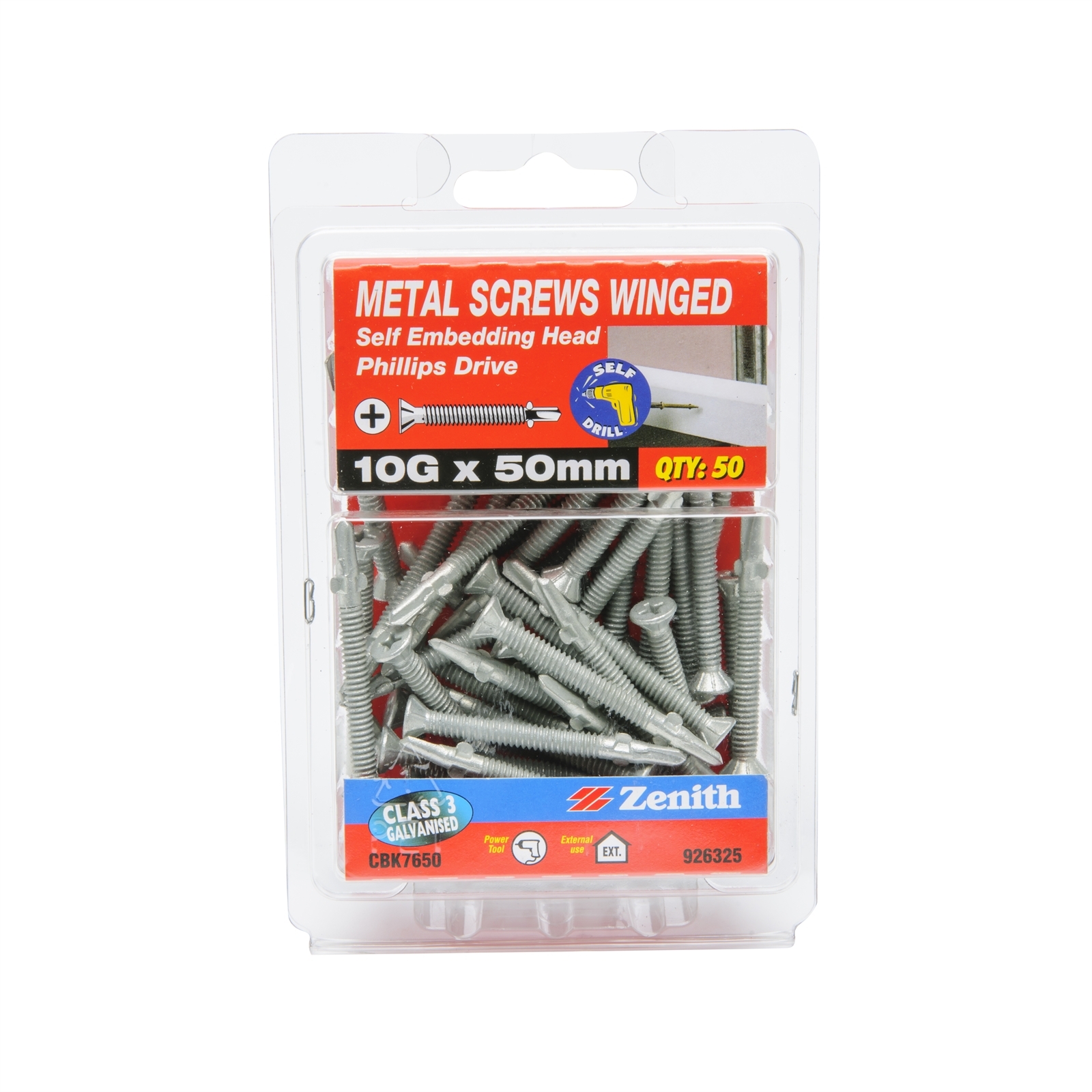 Zenith 10G x 50mm Galvanised Self Embedding Head Metal Screws Winged