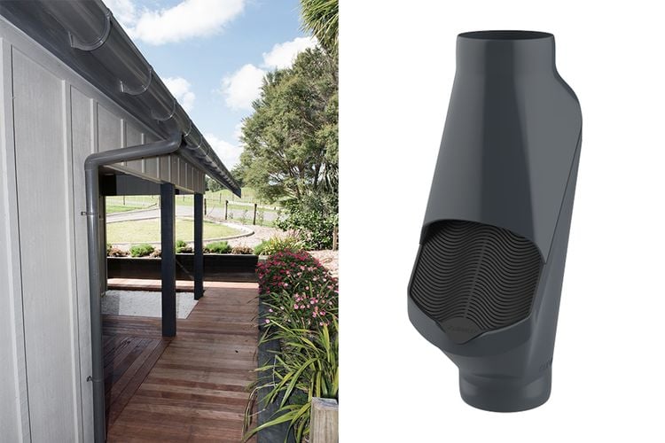 Split image of house exterior with drainage pipe and close up of PVC drainage pipe leaf diverter