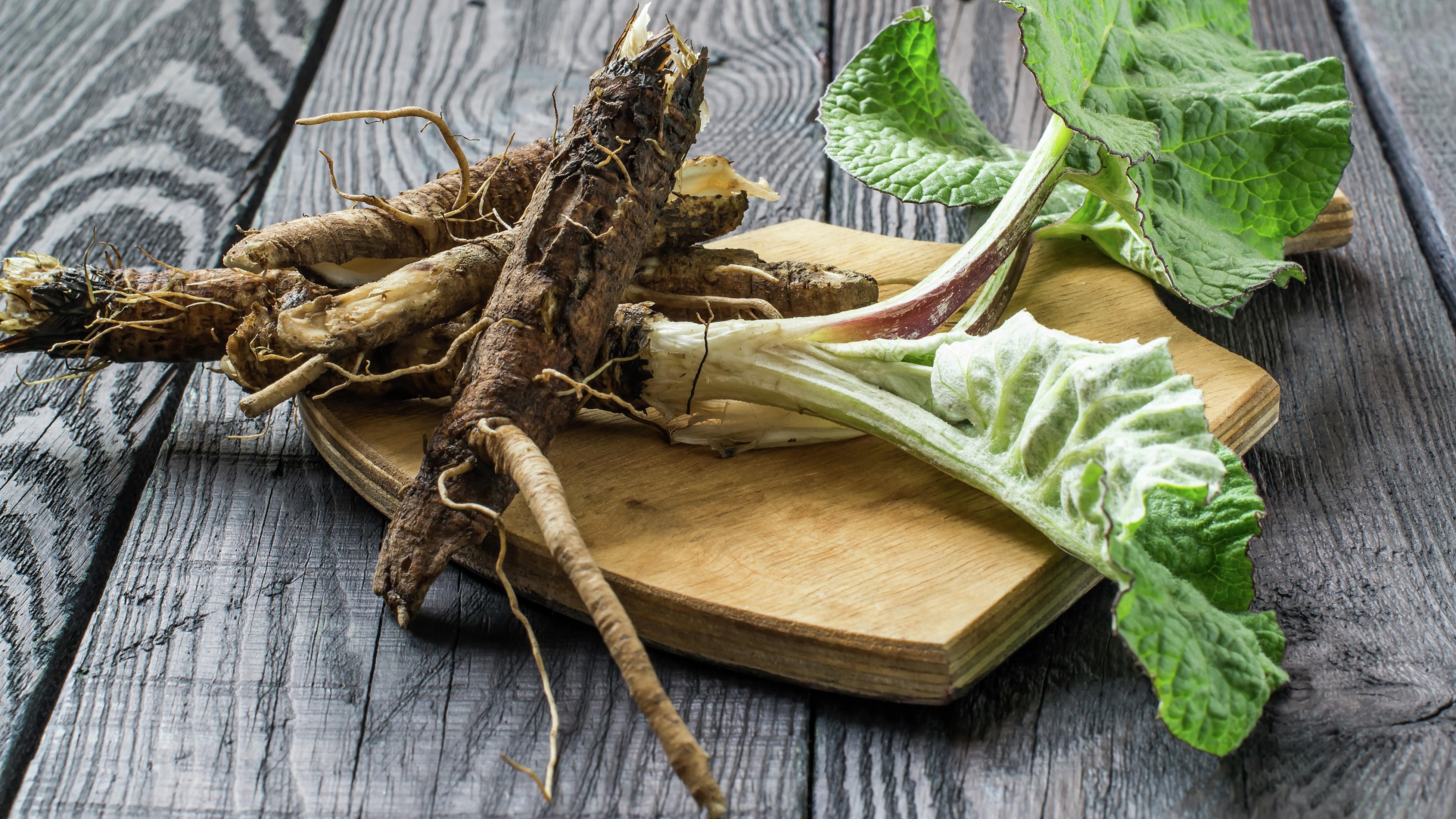 Burdock roots and leaves on a cutting board