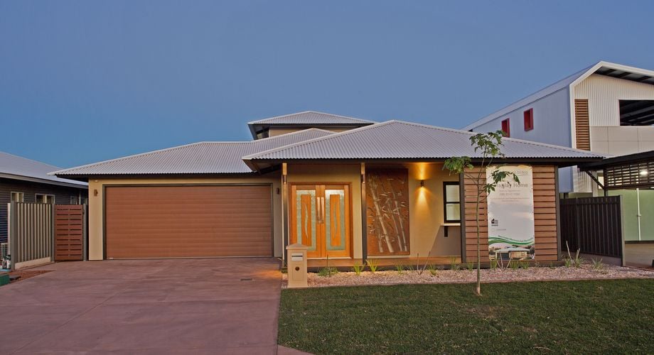 Display home with timber garage door and front door