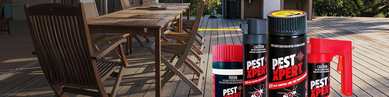 Decking with outdoor setting, and overlay of PestXpert products.